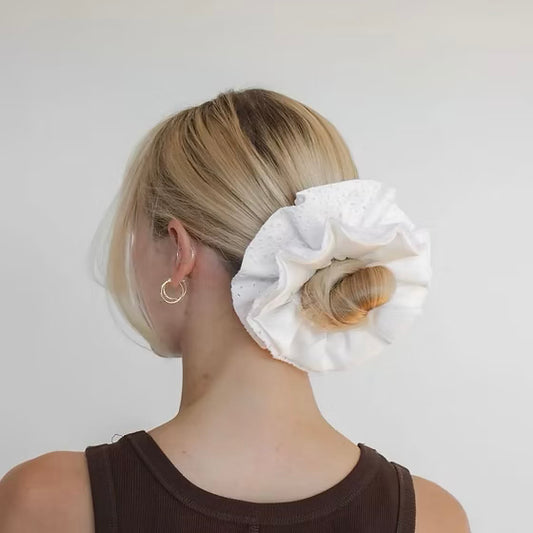 Four Ruffle Bun Topper Silk Lined Scrunchie Size Large